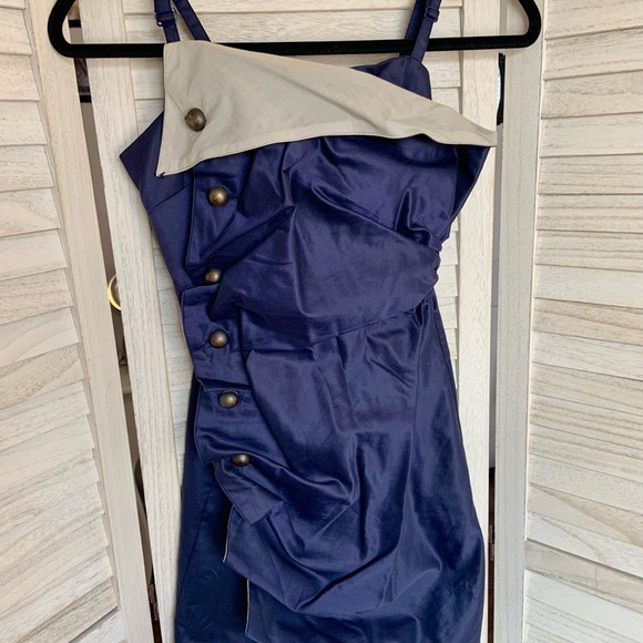 Double Zero Navy Blue Large Button Ruched Cocktail Party Mini Dress S - Picture 3 of 10